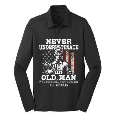 Never Underestimate An Old Man Patriotic Us Veteran Flag Silk Touch Performance Long Sleeve Polo