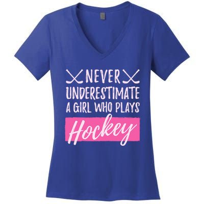 Never Underestimate A Who Plays IceHockey Hockey Gift Women's V-Neck T-Shirt