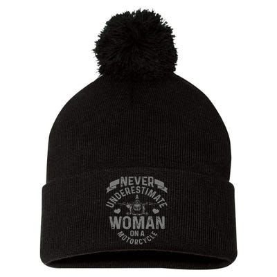 Never Underestimate A Woman Motorcycle Funny Biker Girl Pom Pom 12in Knit Beanie