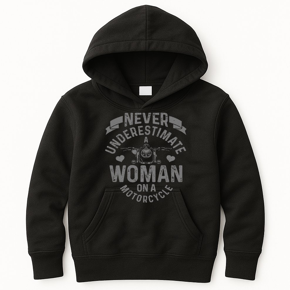 Never Underestimate A Woman Motorcycle Funny Biker Girl Kids Hoodie