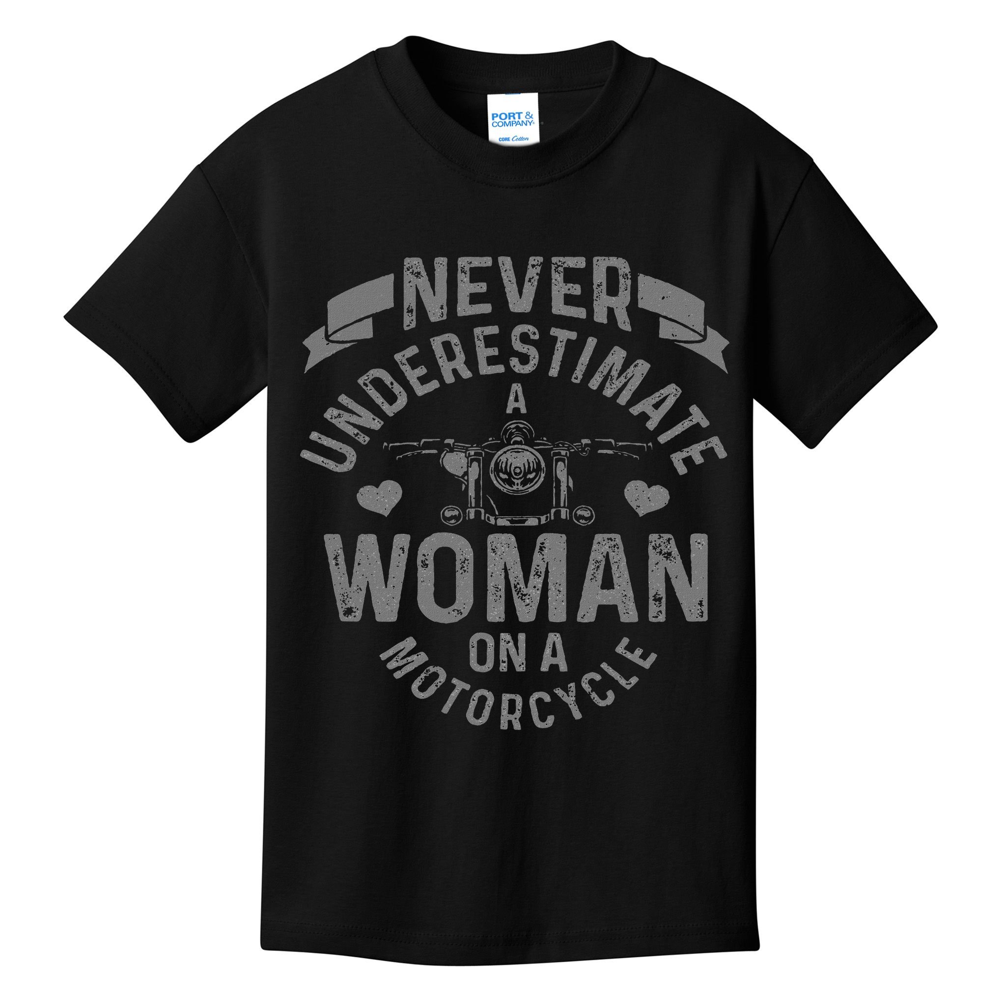 Never Underestimate A Woman Motorcycle Funny Biker Girl Kids T-Shirt