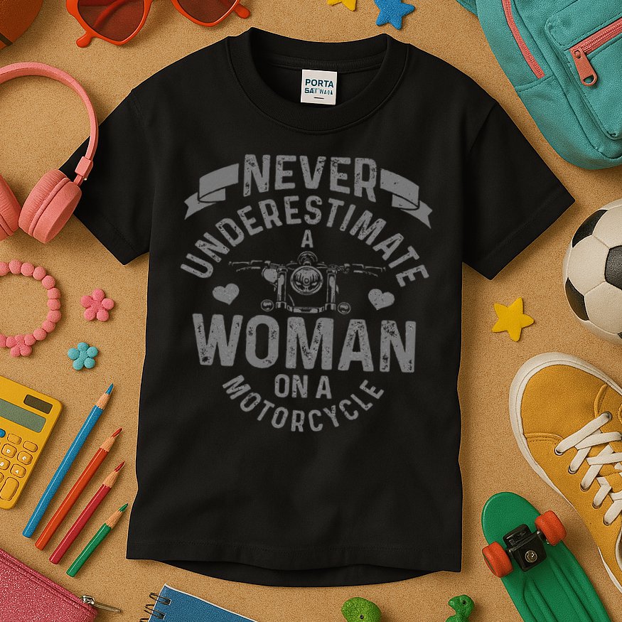 Never Underestimate A Woman Motorcycle Funny Biker Girl Kids T-Shirt