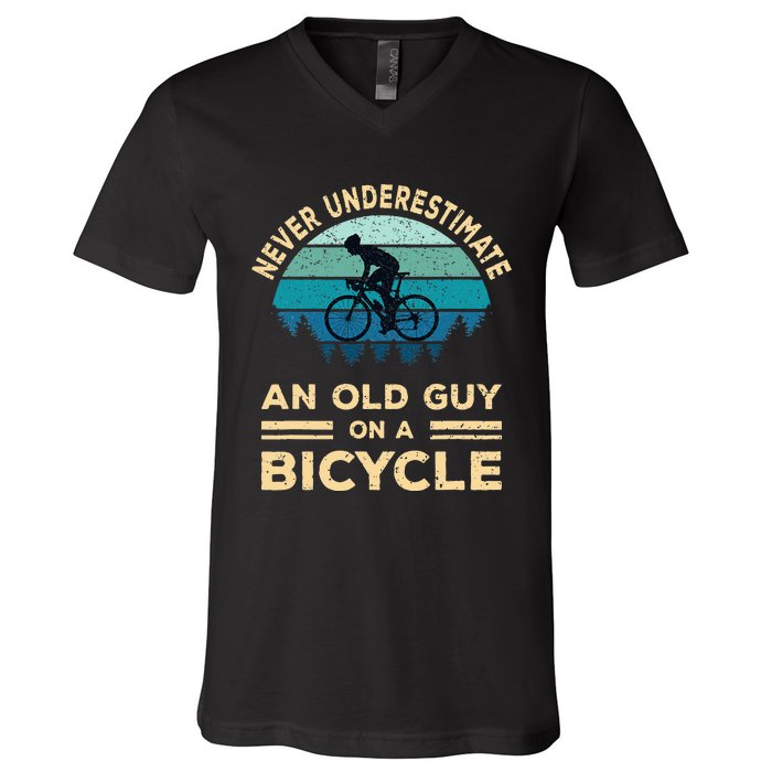 Never Underestimate An Old Guy On A Bicycle Funny Cycling V-Neck T-Shirt