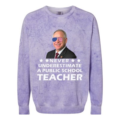 Never Underestimate A Public School Teacher Tim Walz 2024 Colorblast Crewneck Sweatshirt