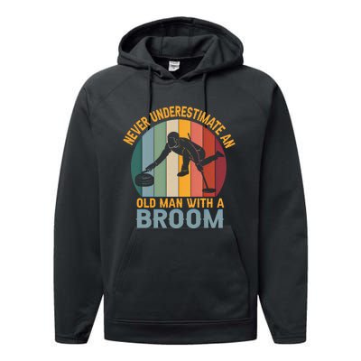 Never Underestimate An Old With A Broom Curling Great Gift Performance Fleece Hoodie