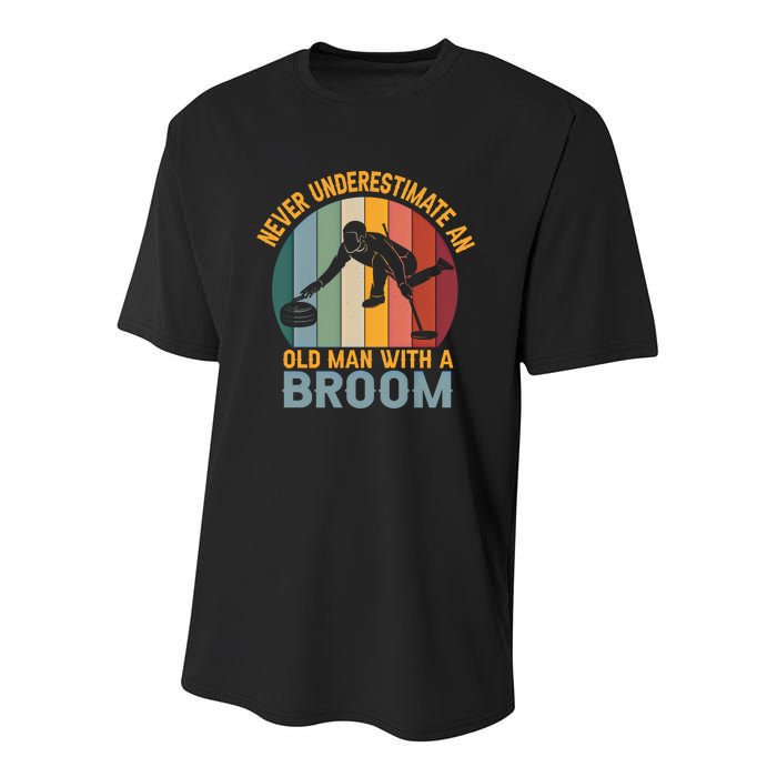 Never Underestimate An Old With A Broom Curling Great Gift Youth Performance Sprint T-Shirt