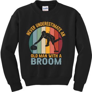 Never Underestimate An Old With A Broom Curling Great Gift Kids Sweatshirt