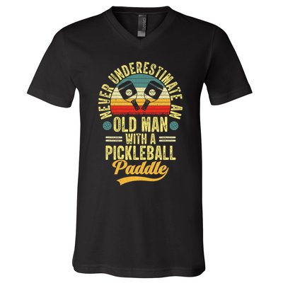 Never Underestimate An Old Man With A Pickleball Paddle V-Neck T-Shirt