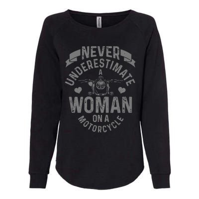 Never Underestimate A Woman Motorcycle Funny Biker Girl Womens California Wash Sweatshirt