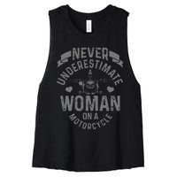 Never Underestimate A Woman Motorcycle Funny Biker Girl Women's Racerback Cropped Tank