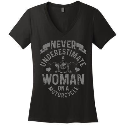 Never Underestimate A Woman Motorcycle Funny Biker Girl Women's V-Neck T-Shirt