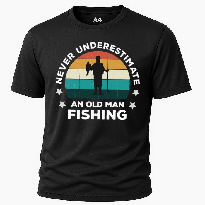 Never Underestimate An Old Man Fishing Fun Catching Fish Cooling Performance Crew T-Shirt