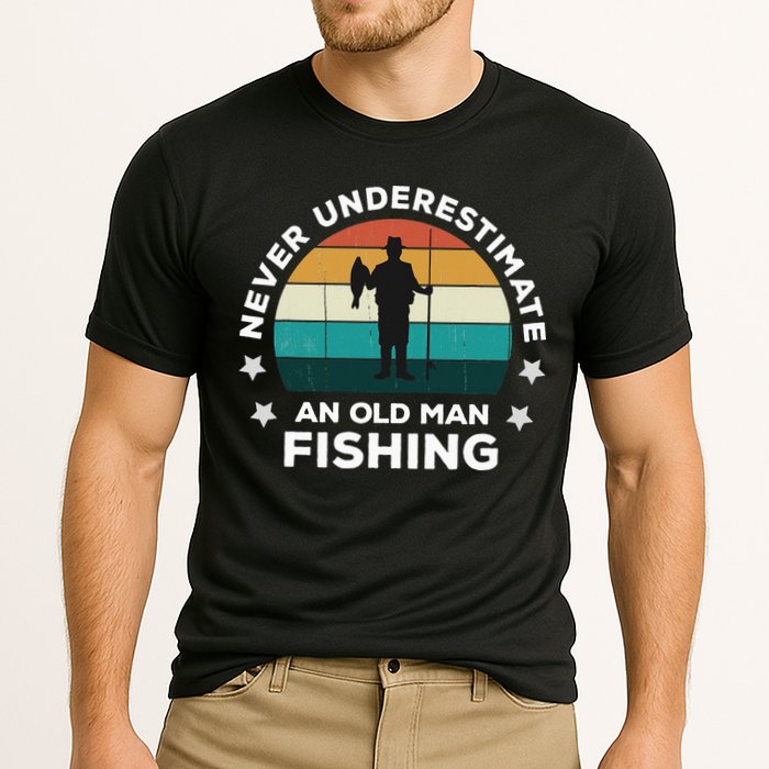 Never Underestimate An Old Man Fishing Fun Catching Fish Cooling Performance Crew T-Shirt
