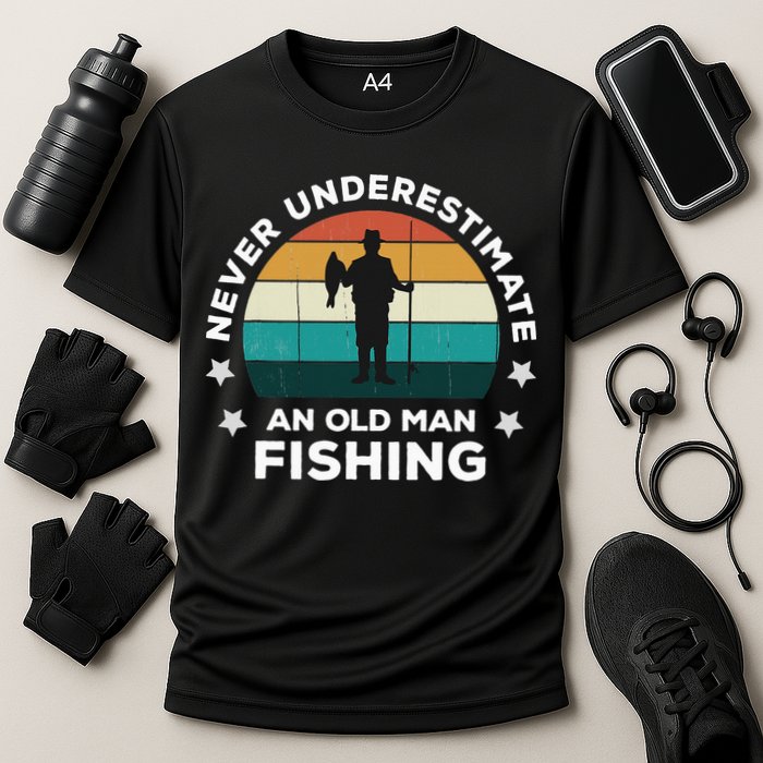 Never Underestimate An Old Man Fishing Fun Catching Fish Cooling Performance Crew T-Shirt