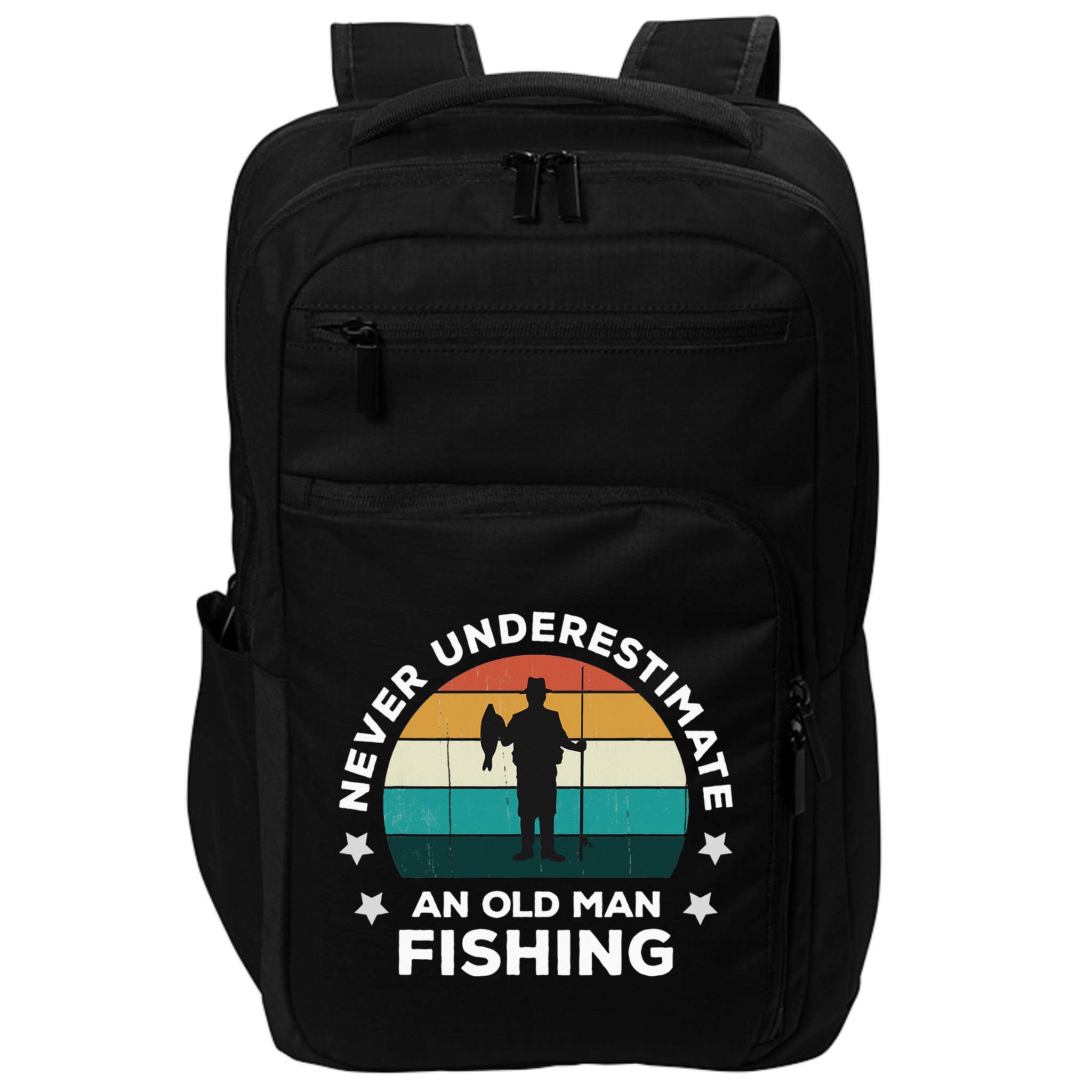 Never Underestimate An Old Man Fishing Fun Catching Fish Impact Tech Backpack