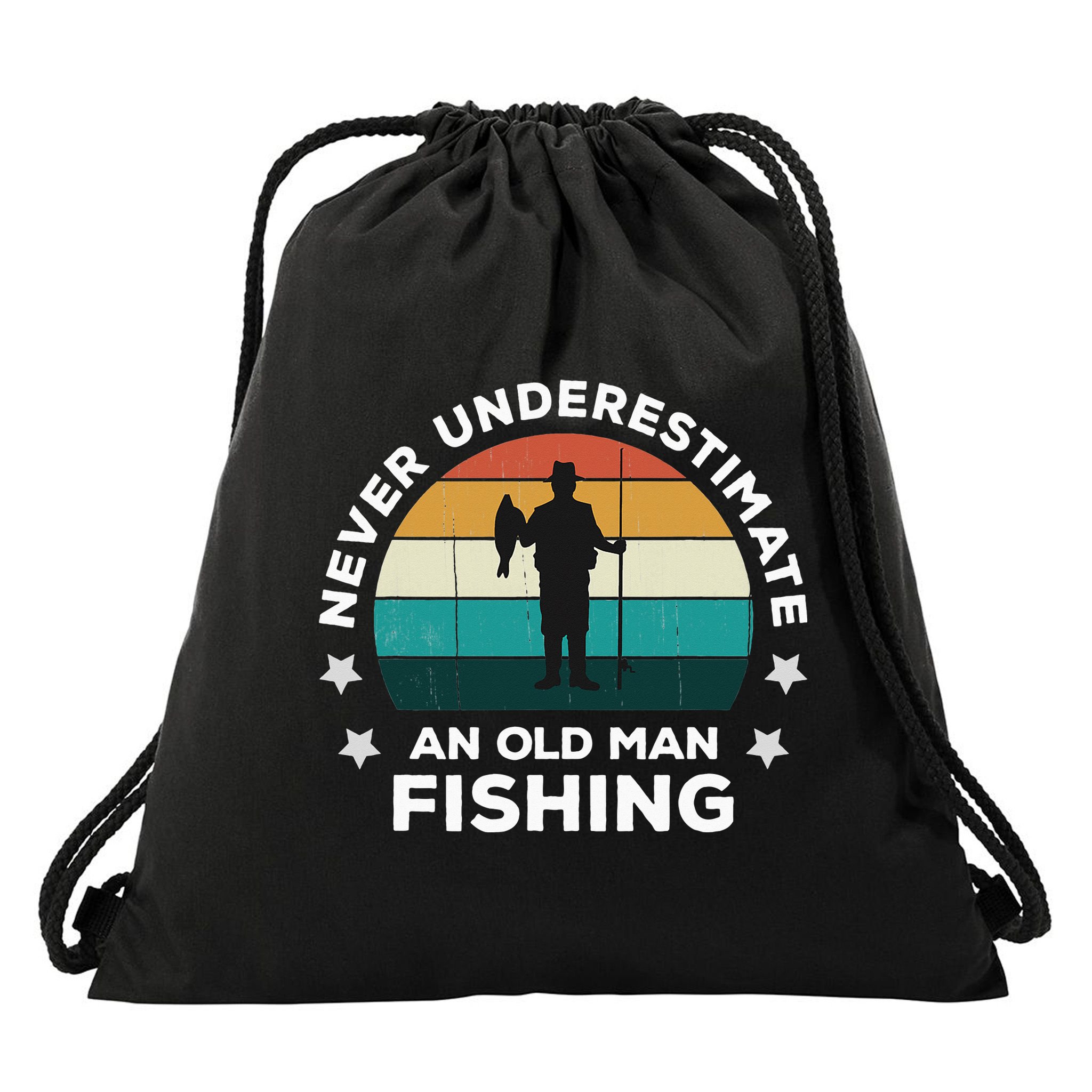 Never Underestimate An Old Man Fishing Fun Catching Fish Drawstring Bag