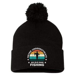 Never Underestimate An Old Man Fishing Fun Catching Fish Pom Pom 12in Knit Beanie