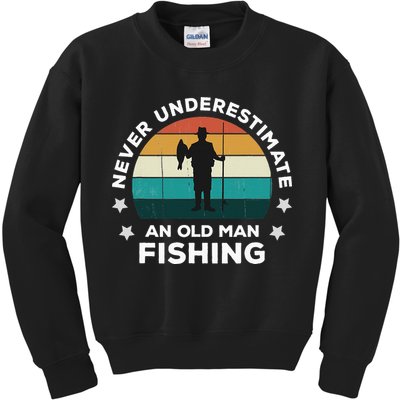 Never Underestimate An Old Man Fishing Fun Catching Fish Kids Sweatshirt