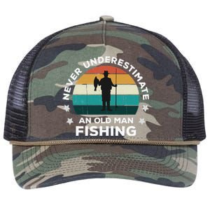 Never Underestimate An Old Man Fishing Fun Catching Fish Retro Rope Trucker Hat Cap