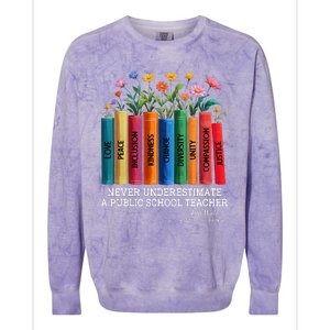 Never Underestimate A Public School Teacher Floral Books Colorblast Crewneck Sweatshirt