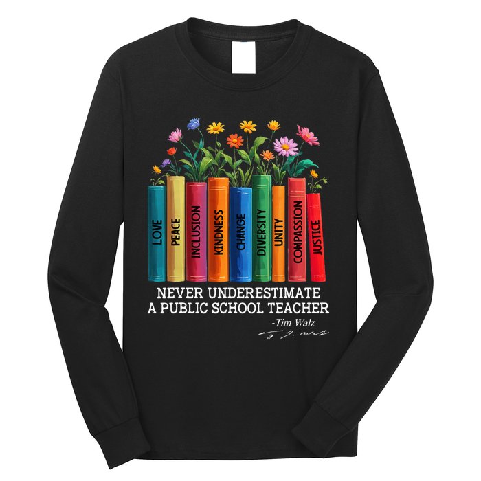 Never Underestimate A Public School Teacher Floral Books Long Sleeve Shirt