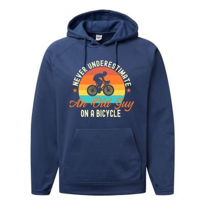 Never Underestimate An Old Guy On A Bicycle Cycling Performance Fleece Hoodie