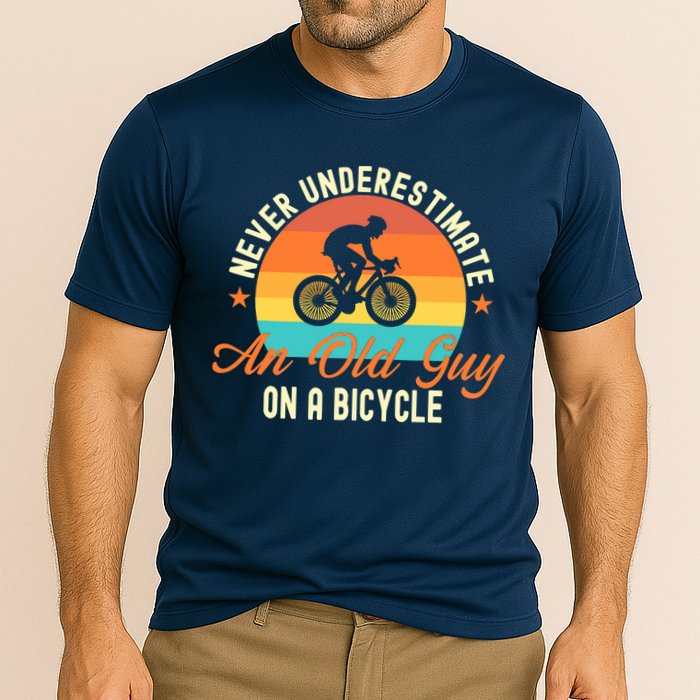 Never Underestimate An Old Guy On A Bicycle Cycling Cooling Performance Crew T-Shirt