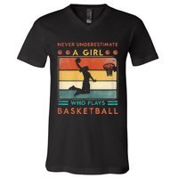 Never Underestimate A Girl Who Plays Basketball V-Neck T-Shirt