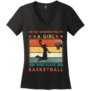 Never Underestimate A Girl Who Plays Basketball Women's V-Neck T-Shirt