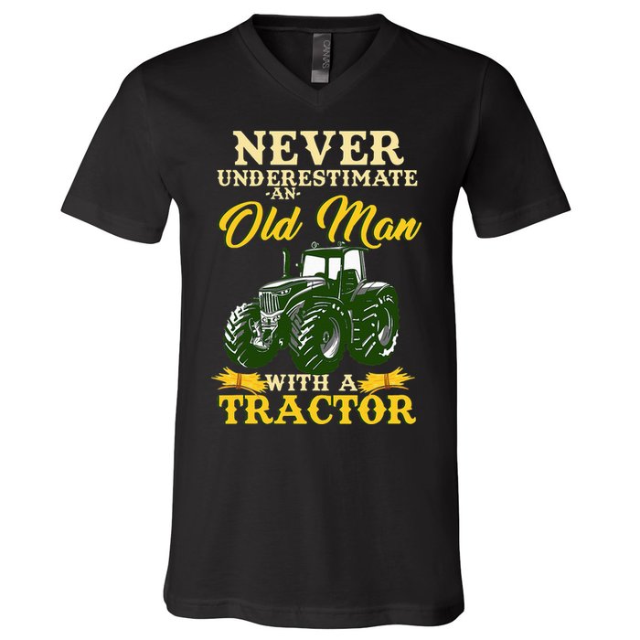 Never Underestimate An Old Man With A Tractor Farmer V-Neck T-Shirt