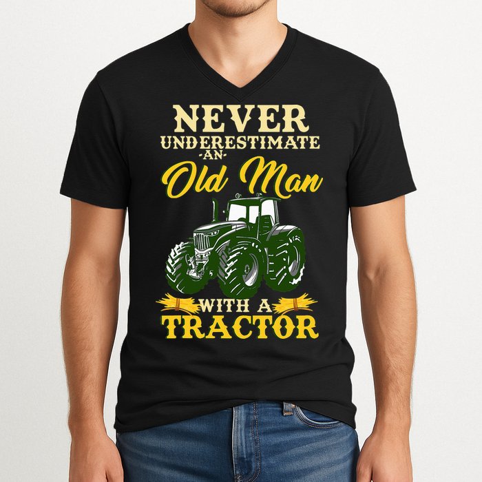 Never Underestimate An Old Man With A Tractor Farmer V-Neck T-Shirt