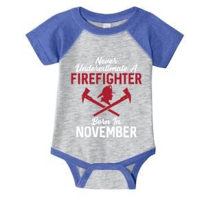 Never Underestimate A Firefighter Born In November Funny Bir Gift Infant Baby Jersey Bodysuit