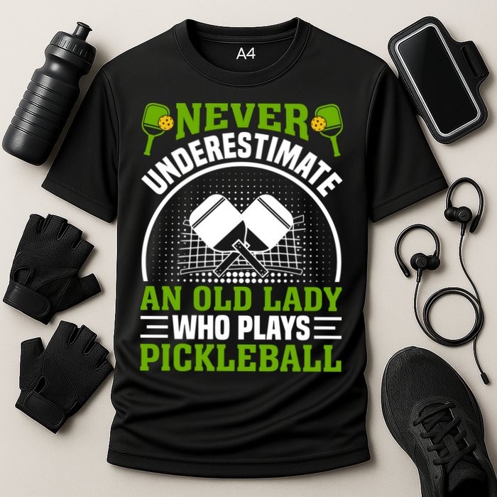 Never Underestimate An Old Lady Who Plays Pickleball Cooling Performance Crew T-Shirt