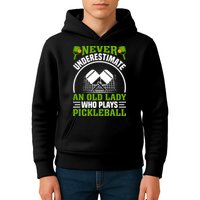 Never Underestimate An Old Lady Who Plays Pickleball Kids Hoodie