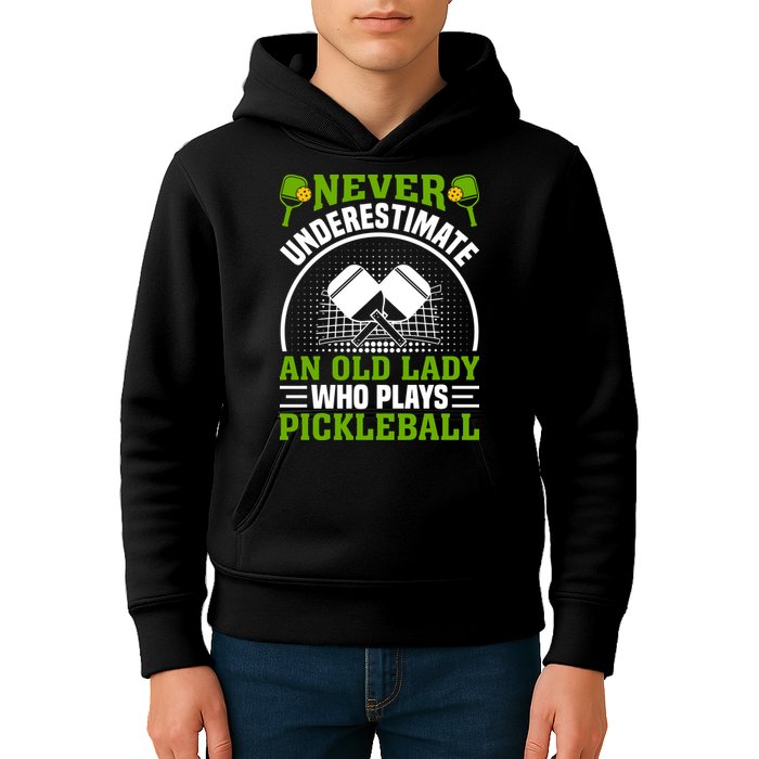 Never Underestimate An Old Lady Who Plays Pickleball Kids Hoodie