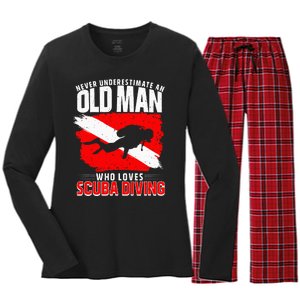 Never Underestimate An Old Man Diver Gift Scuba Diving Women's Long Sleeve Flannel Pajama Set 