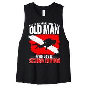 Never Underestimate An Old Man Diver Gift Scuba Diving Women's Racerback Cropped Tank