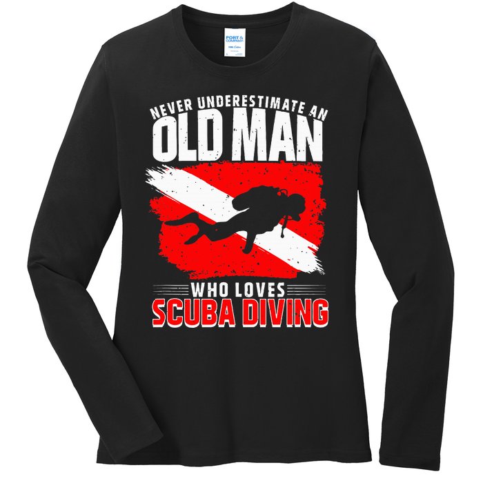 Never Underestimate An Old Man Diver Gift Scuba Diving Ladies Long Sleeve Shirt