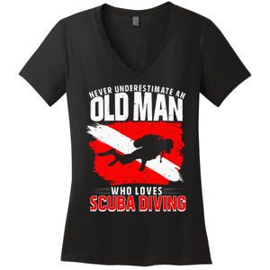 Never Underestimate An Old Man Diver Gift Scuba Diving Women's V-Neck T-Shirt