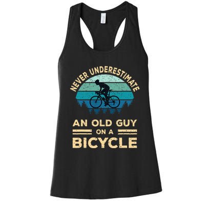 Never Underestimate An Old Guy On A Bicycle Funny Cycling Women's Racerback Tank