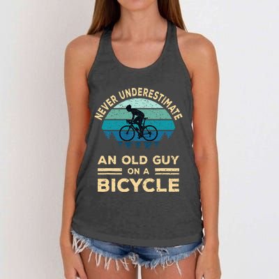 Never Underestimate An Old Guy On A Bicycle Funny Cycling Women's Knotted Racerback Tank