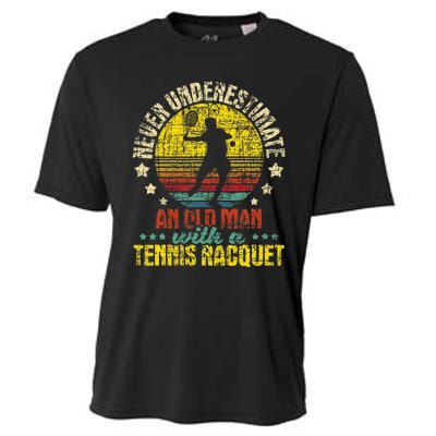 Never Underestimate An Old Man Tennis Racket Sports Lover Cooling Performance Crew T-Shirt