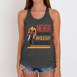 Never Underestimate An Old Guy On A Bicycle Funny Cycling Women's Knotted Racerback Tank