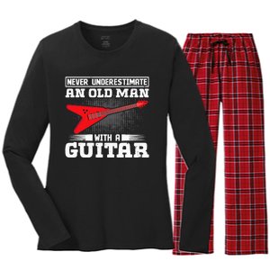 Never Underestimate An Old Man With A Guitar Women's Long Sleeve Flannel Pajama Set 