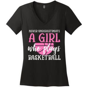 Never Underestimate A Girl Who Plays Basketball Girl Power Women's V-Neck T-Shirt