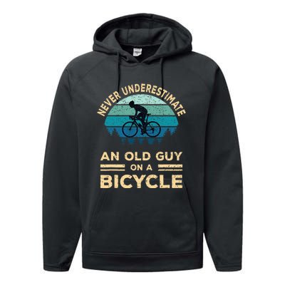 Never Underestimate An Old Guy On A Bicycle Funny Cycling Performance Fleece Hoodie