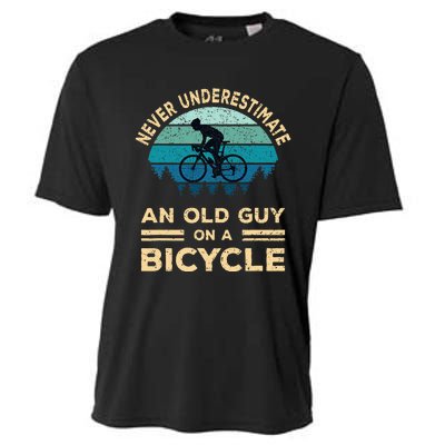 Never Underestimate An Old Guy On A Bicycle Funny Cycling Cooling Performance Crew T-Shirt