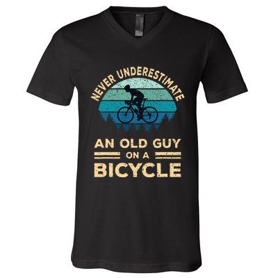 Never Underestimate An Old Guy On A Bicycle Funny Cycling V-Neck T-Shirt