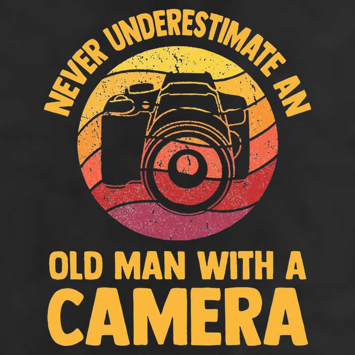 Never Underestimate An Old Man With A Camera Photography 7 Panel Mesh Trucker Snapback Hat