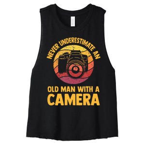 Never Underestimate An Old Man With A Camera Photography Women's Racerback Cropped Tank